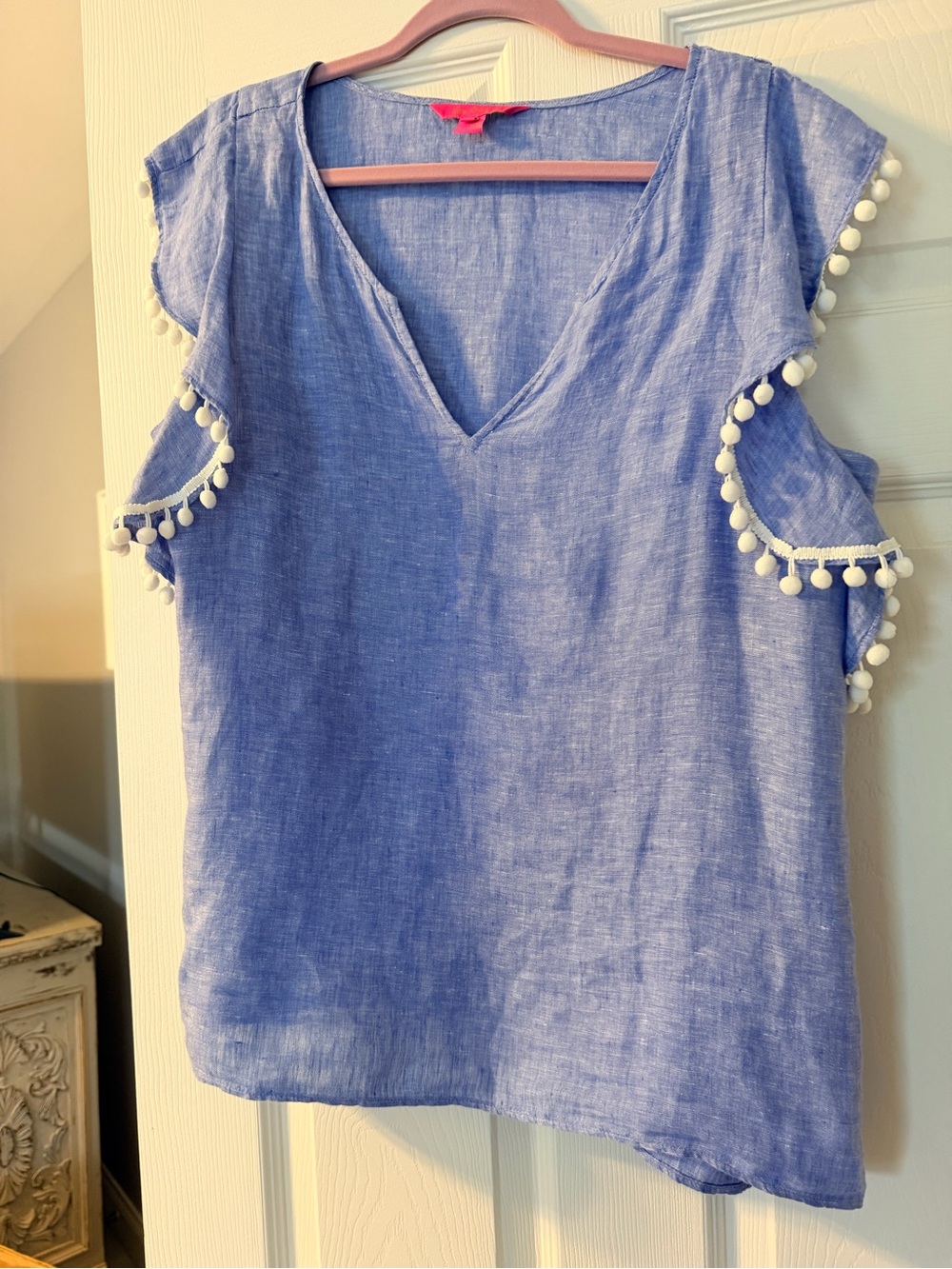 Lilly Pulitzer Light Blue V-Neck Pom Pom Trim shirt